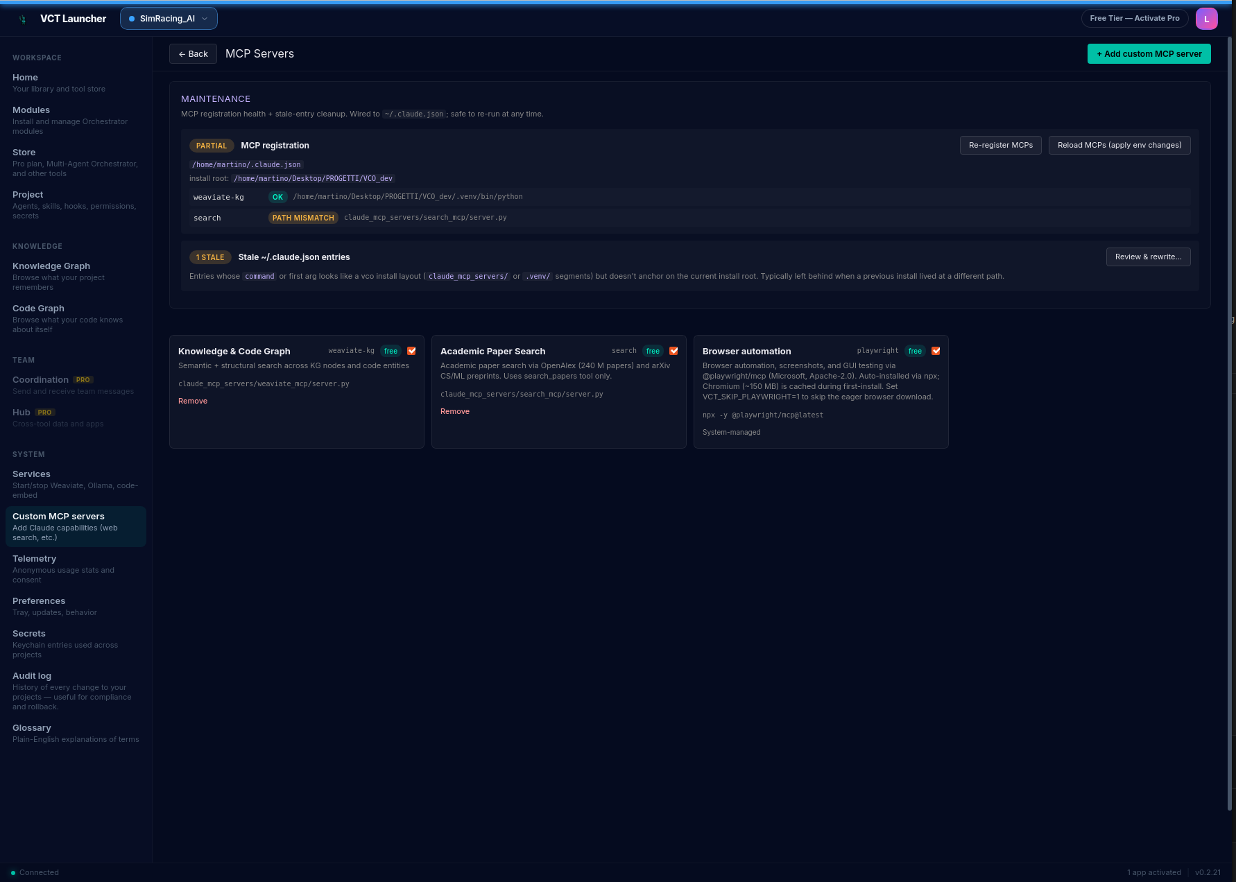 Launcher 'Custom MCP servers' page with a MAINTENANCE section at the top (claude.json path, Re-register MCPs and Reload MCPs / Apply to Claude buttons) and three MCP cards below: Knowledge & Code Graph (weaviate-kg), Academic Paper Search (search), and Browser automation