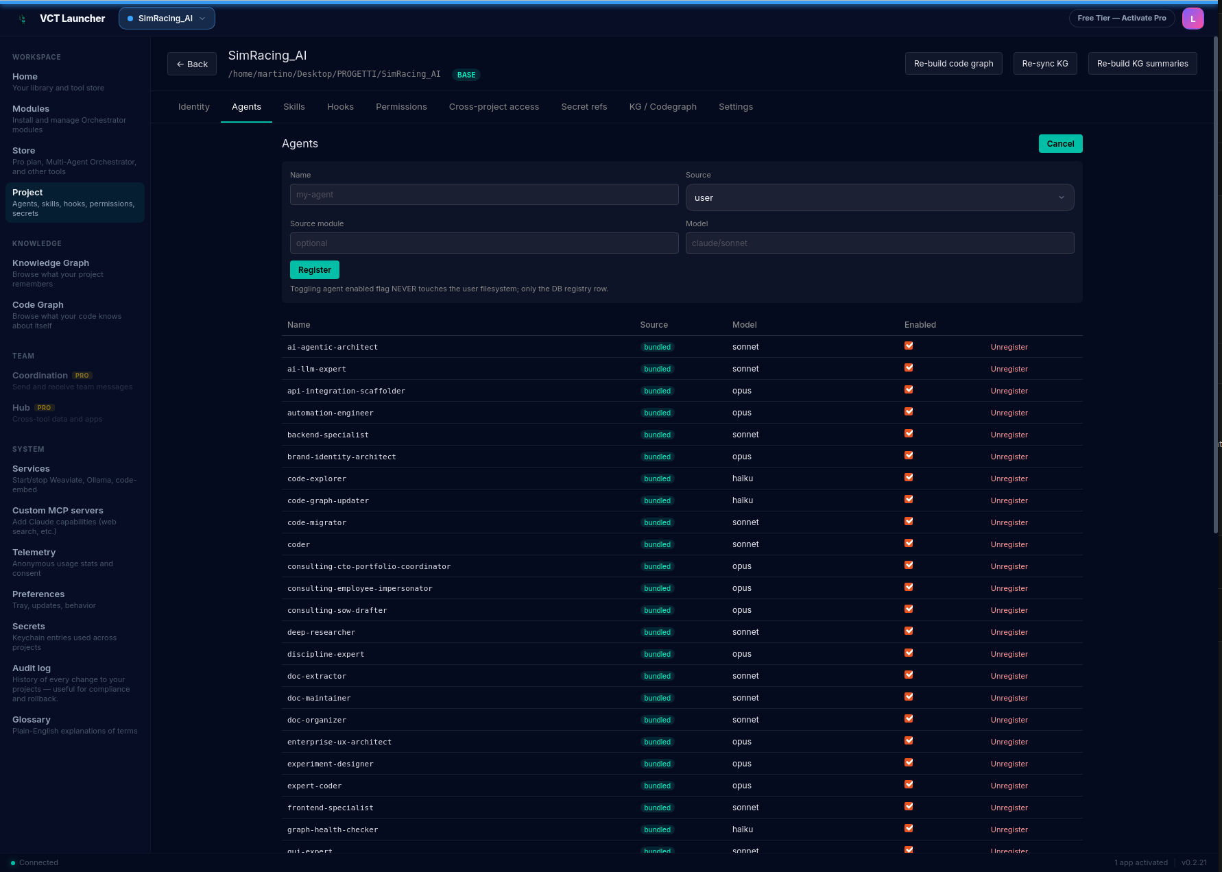 Project page Agents tab with the '+ Register' form expanded at the top (Name, Source, Model fields) and a table below listing ~45 registered agents — columns Name / Source / Model / Enabled and an Unregister button per row