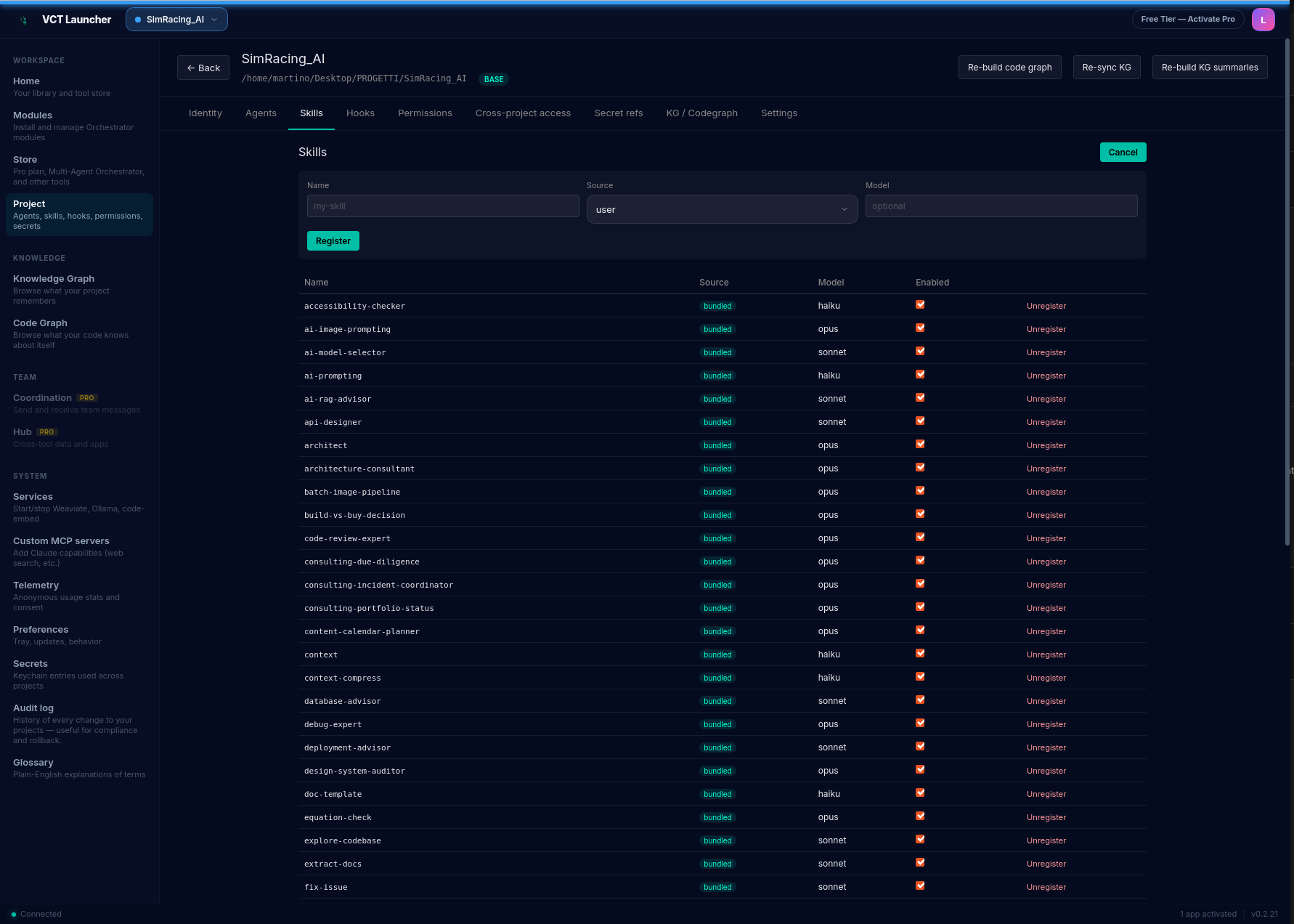Project page Skills tab with the '+ Register' form open at the top (Name, Source, Role fields) and a table below listing ~52 registered skills — columns Name / Source / Role / Enabled and an Unregister button per row