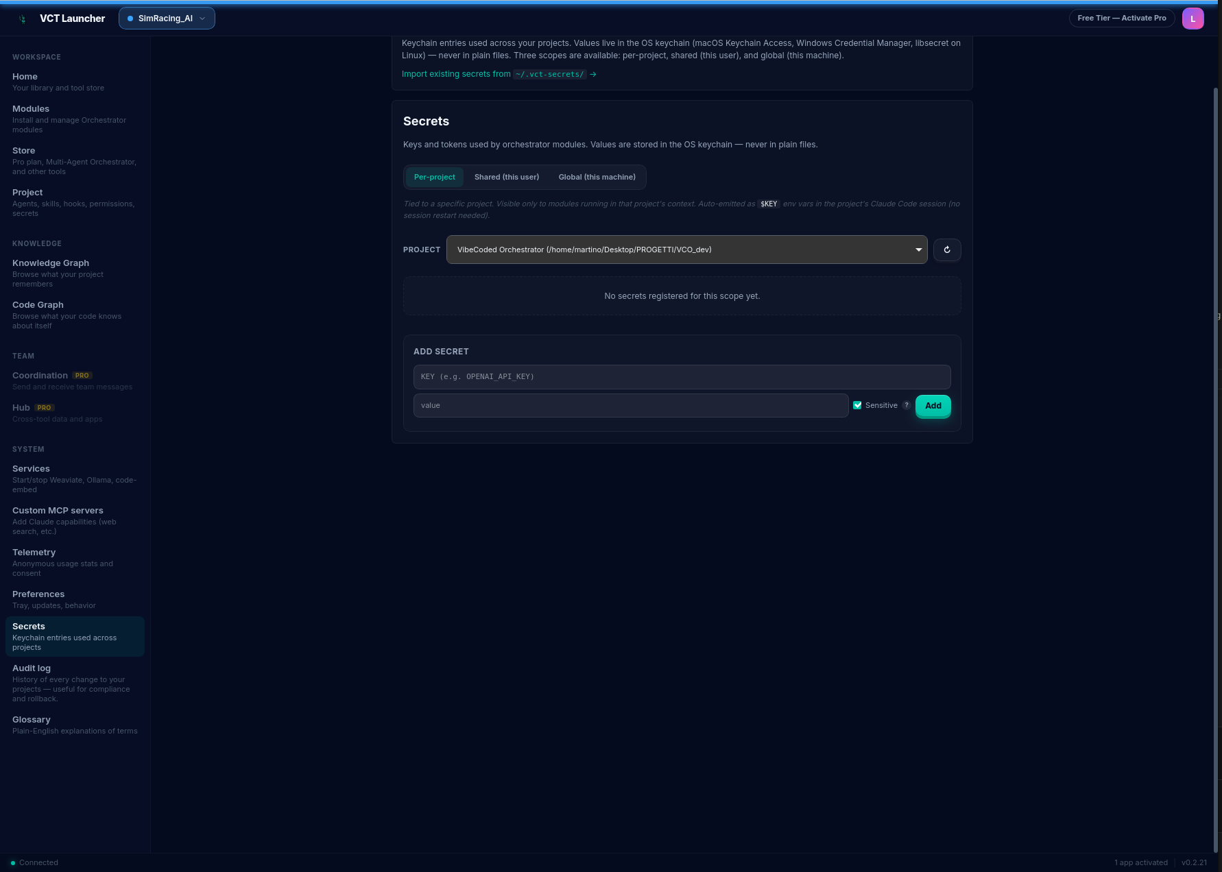Global Secrets page on the 'Per-project' tab: three-tab strip (Per-project / Shared (this user) / Global (this machine)), a project picker with a project selected, the 'No secrets registered for this scope yet.' empty state, and an Add-secret form at the bottom with KEY and value inputs plus a Sensitive toggle
