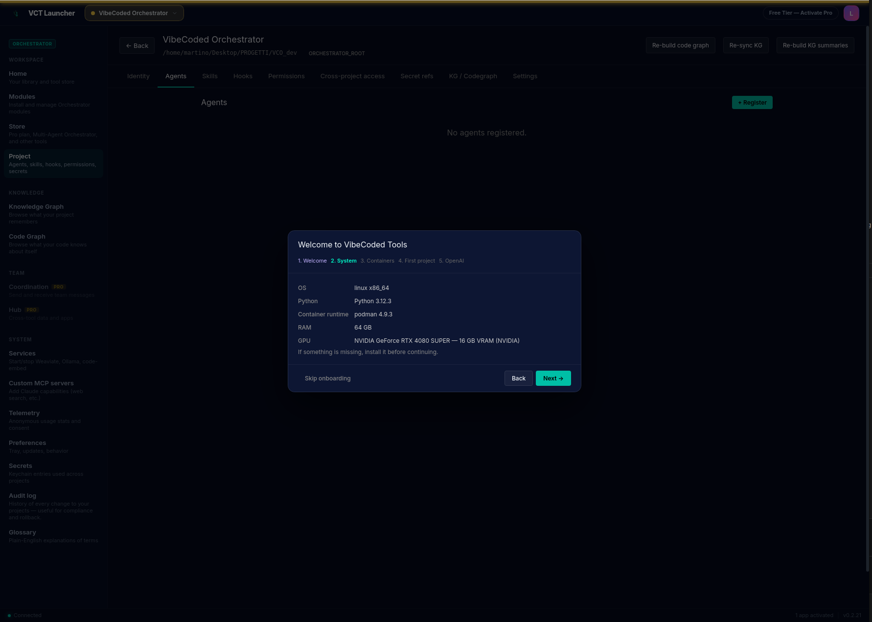 OnboardingWizard step 2 — System: detection table showing detected OS, Python version, container runtime, RAM, and GPU/VRAM