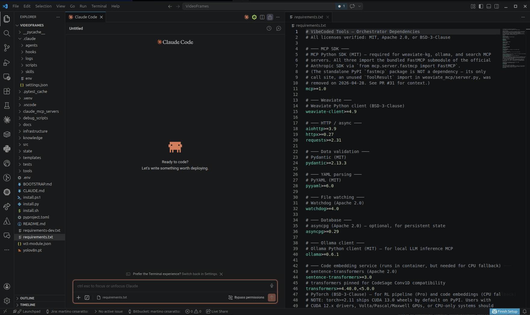 VS Code with the Claude Code extension panel open alongside a Python file